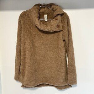 Style Rack Brown Fleece Pullover Sweater M High Collar Button Soft Neutral Cozy